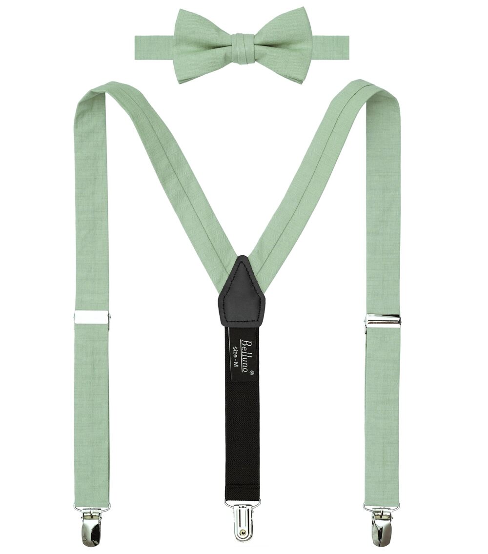 7843 Dusty Sage Pre-tied Bow Tie and Suspenders Set, Cotton and Linen